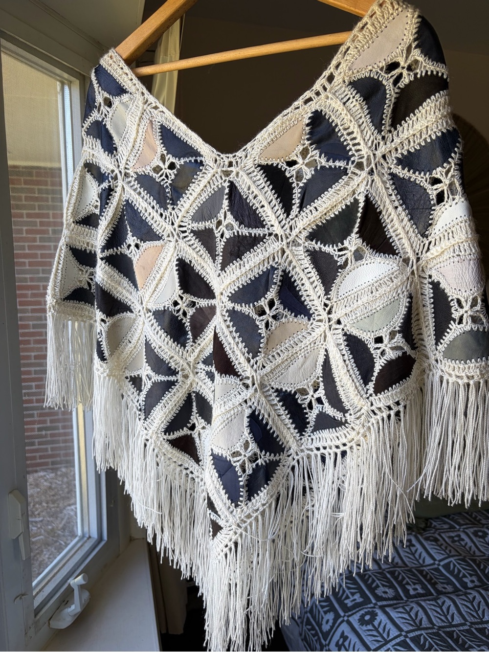 Handmade Crochet Fringe Poncho - Cream and Black